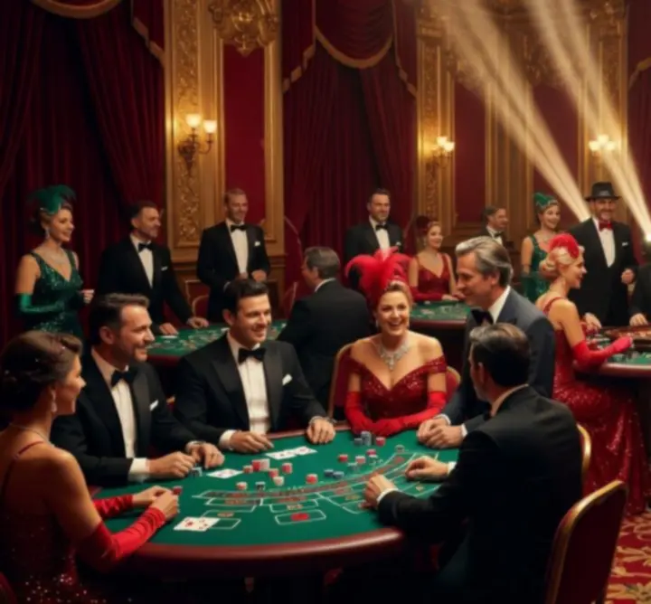 Wieczór tematyczny Las Vegas z mobilnym kasynem i gośćmi w eleganckich strojach